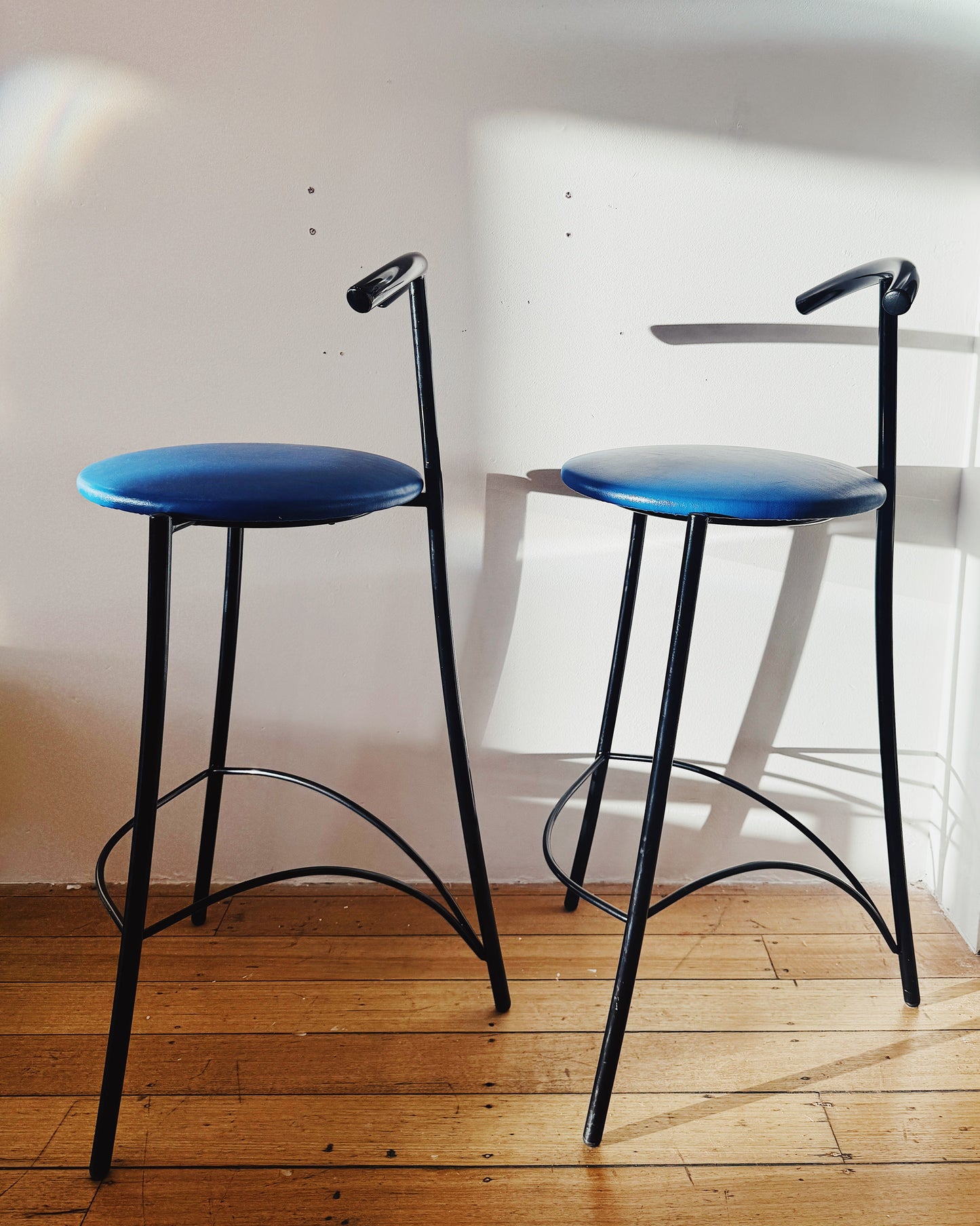 POST MODERN / Pair of Tubular Black Stools with Blue Vinyl Seats