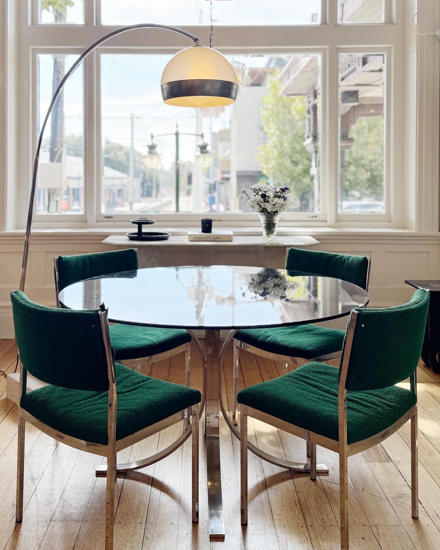 VINTAGE / BOUCLÉ + CHROME DINING CHAIRS - Set of 4