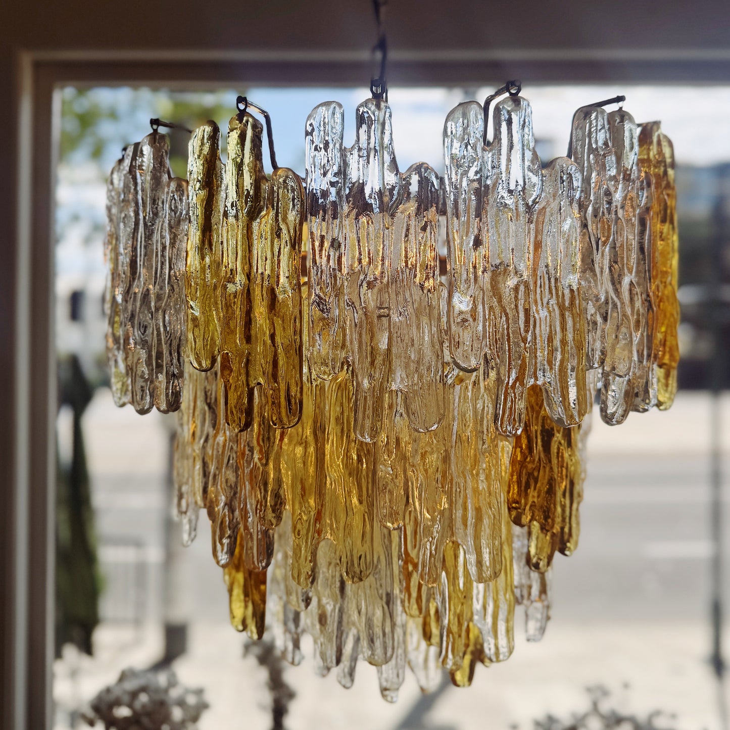 JT KALMAR / 1960s Amber & Clear Icicle Prism Chandelier