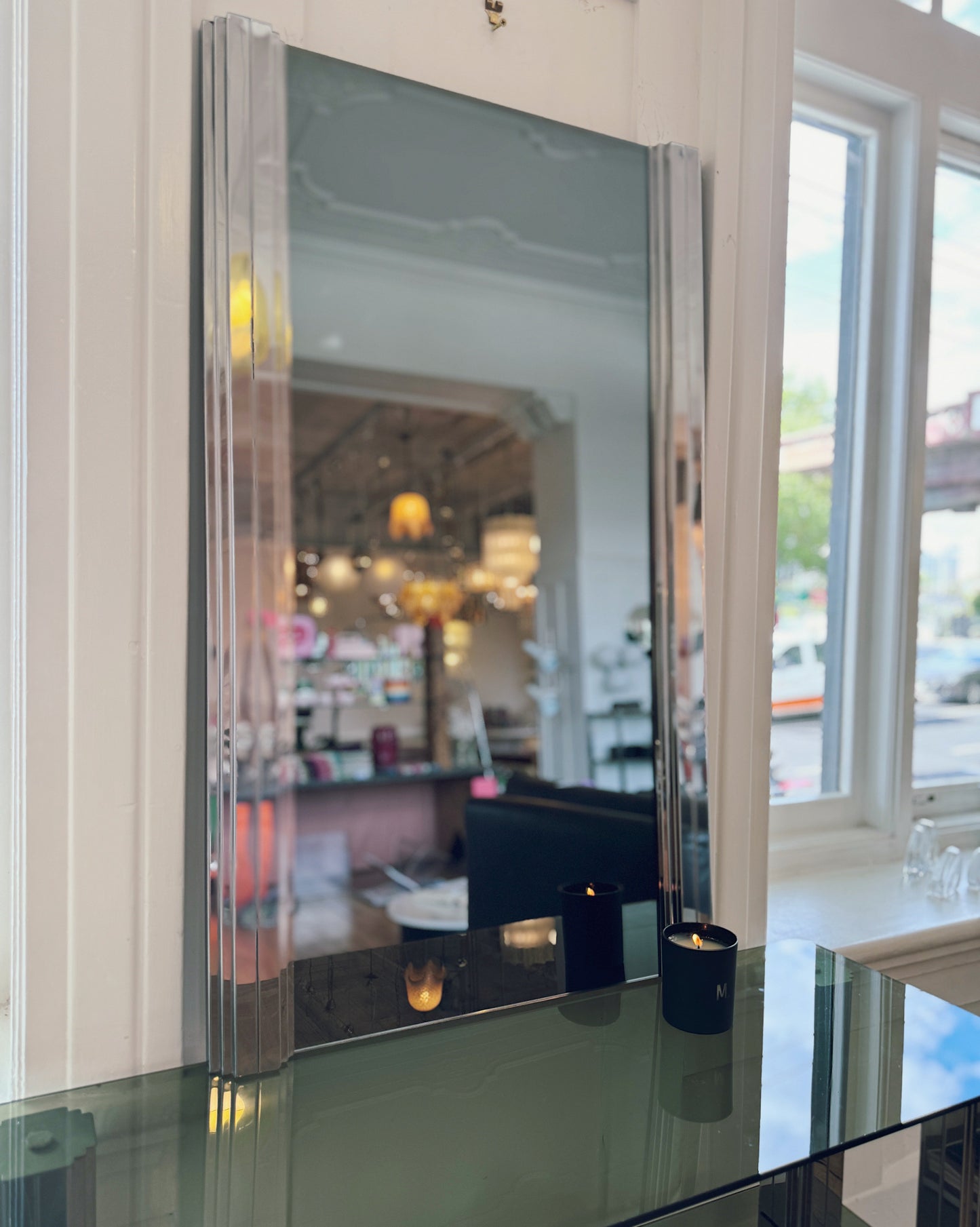 VINTAGE / Chrome & Green Smoky Glass Console w/Mirror Set