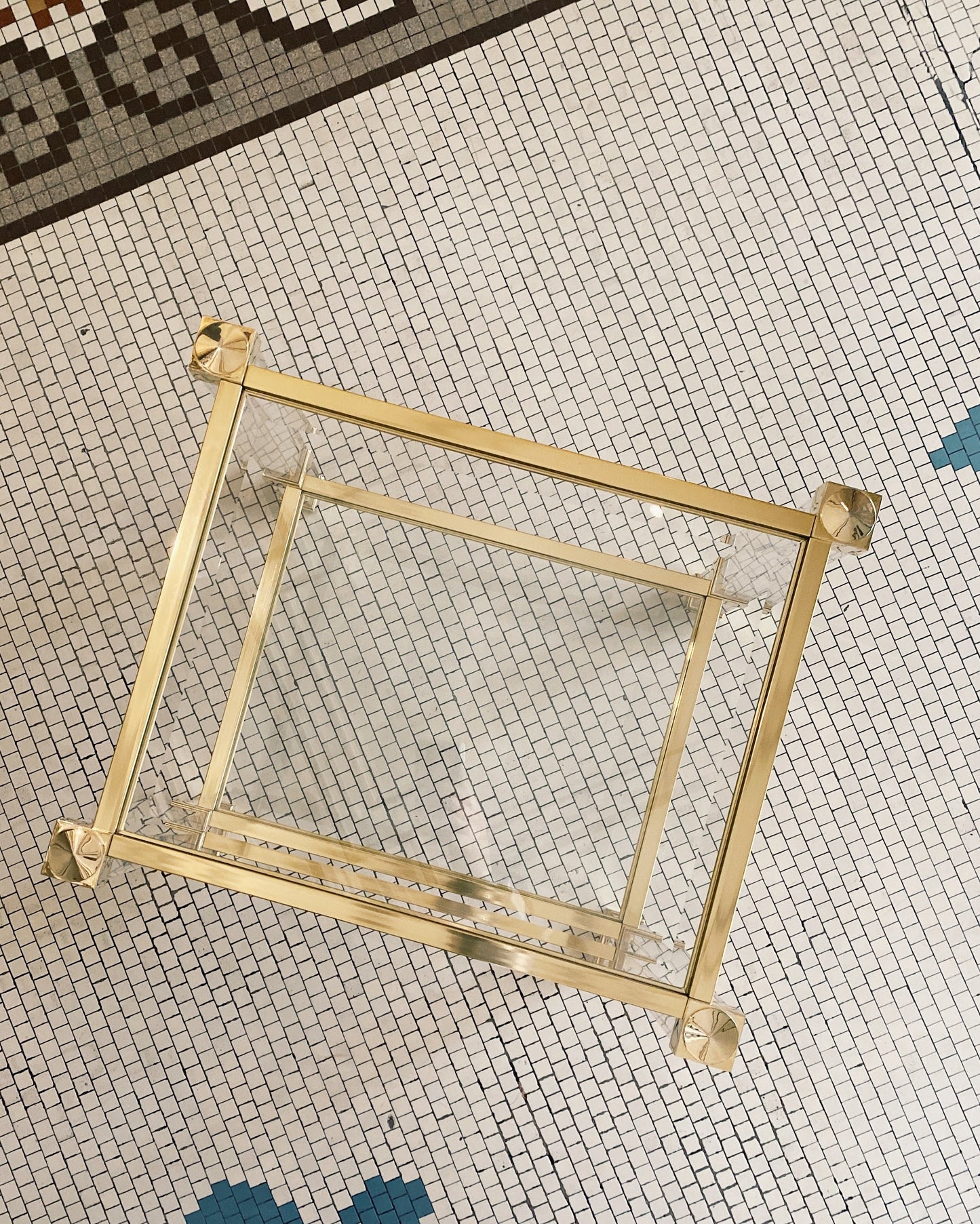 PIERRE VANDEL PARIS / Lucite + Brass Two Tier Side Tables