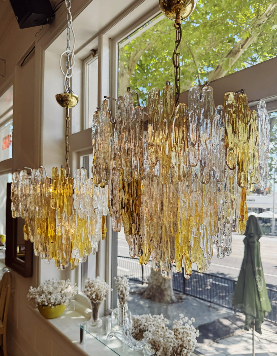 JT KALMAR / 1960s Amber & Clear Icicle Prism Chandelier