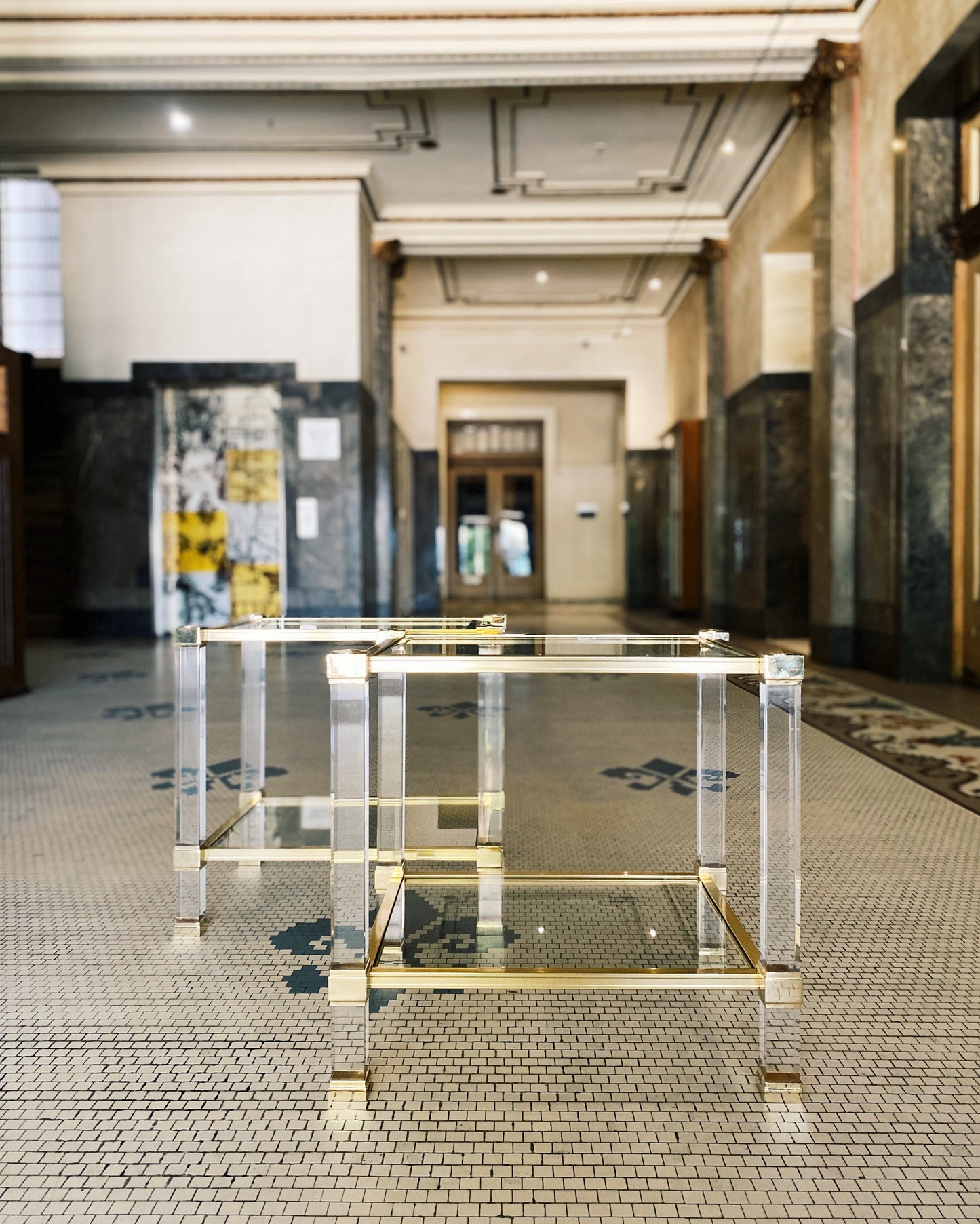 PIERRE VANDEL PARIS / Lucite + Brass Two Tier Side Tables