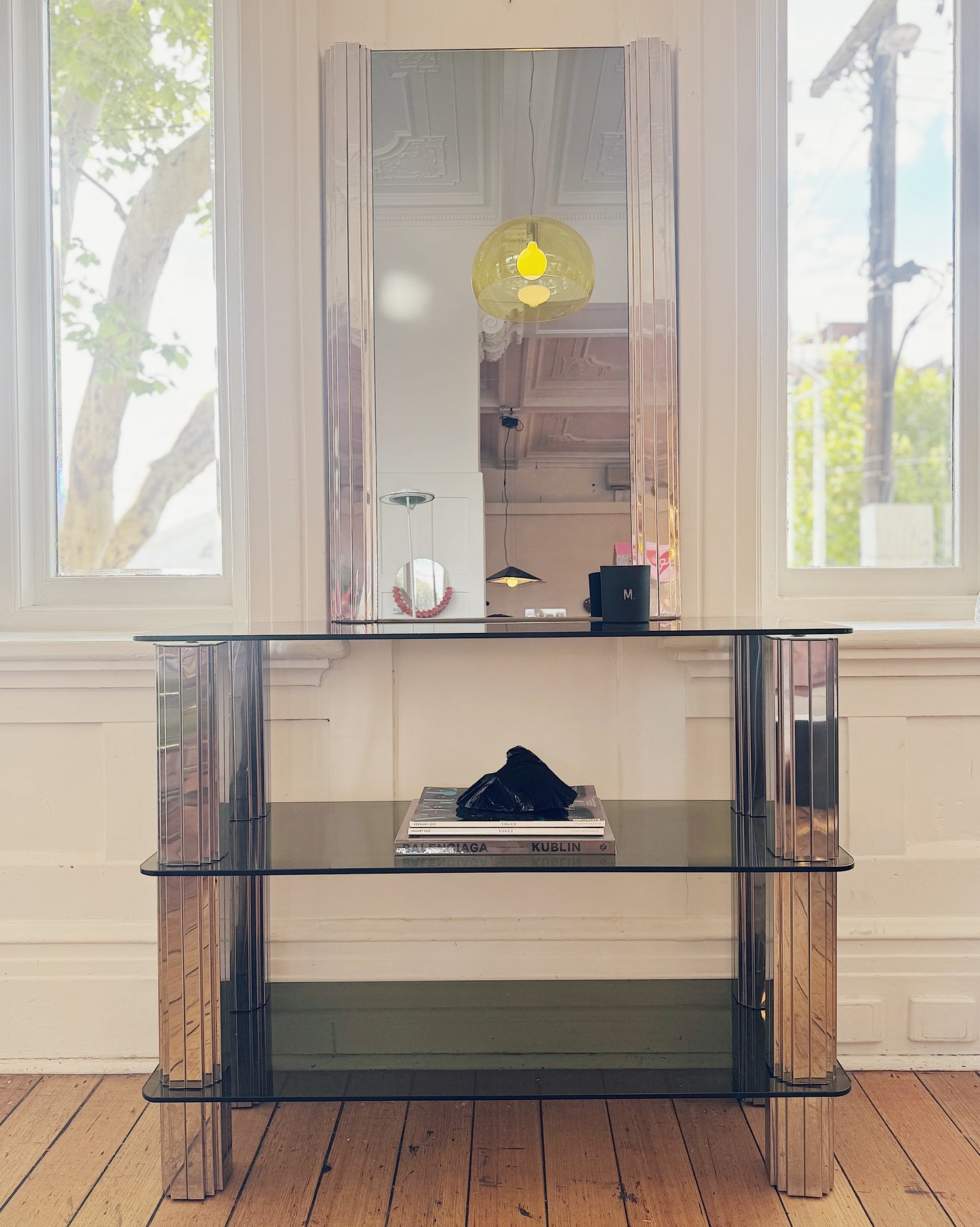 VINTAGE / Chrome & Green Smoky Glass Console w/Mirror Set