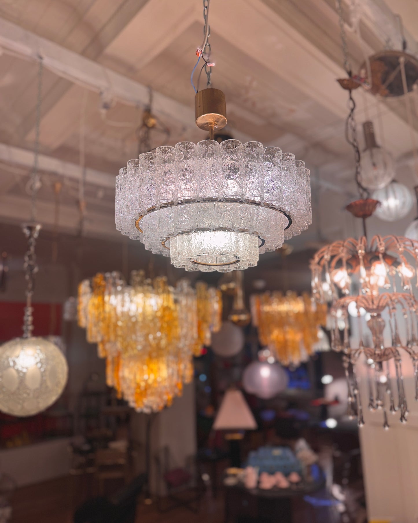 VINTAGE / 1960s Doria Leuchten 3 Tier Glass Tube Chandelier