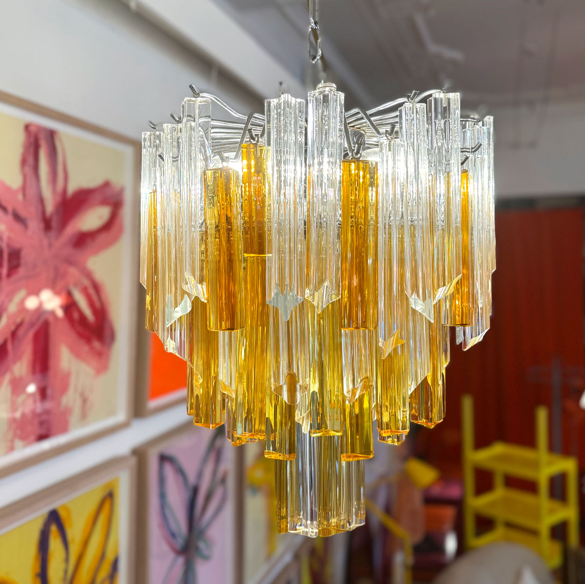 VINTAGE GLASS / Amber + Crystal 1970s Waterfall Chandelier in the manner of Venini Italy