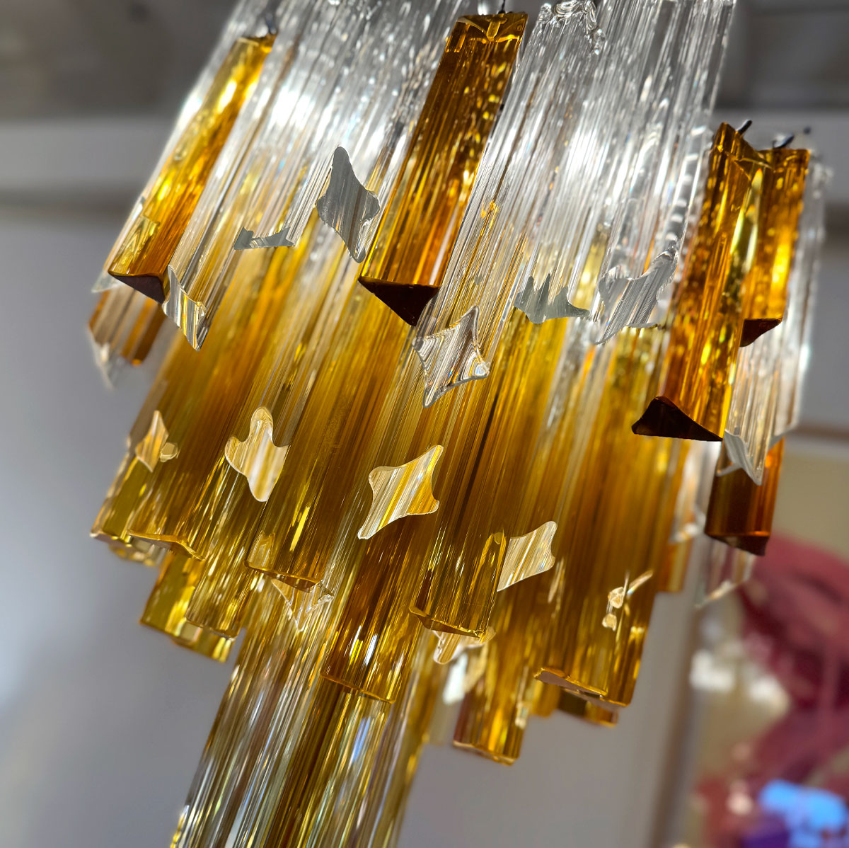 VINTAGE GLASS / Amber + Crystal 1970s Waterfall Chandelier in the manner of Venini Italy