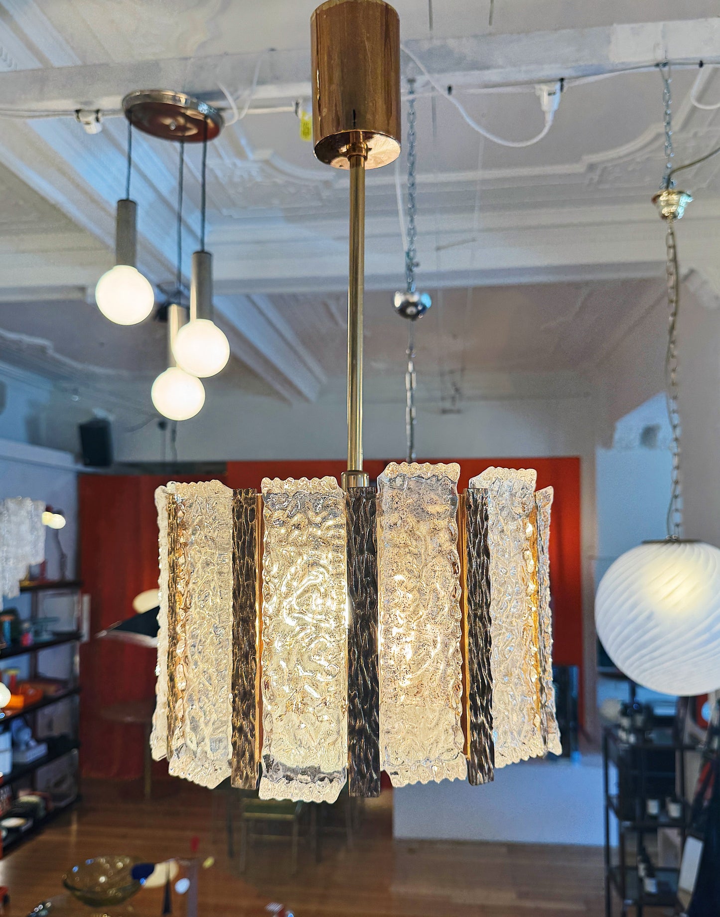 KALMAR | Drum Pendant w/ Frosted Icicle Glass + Gilt Brass Dividers