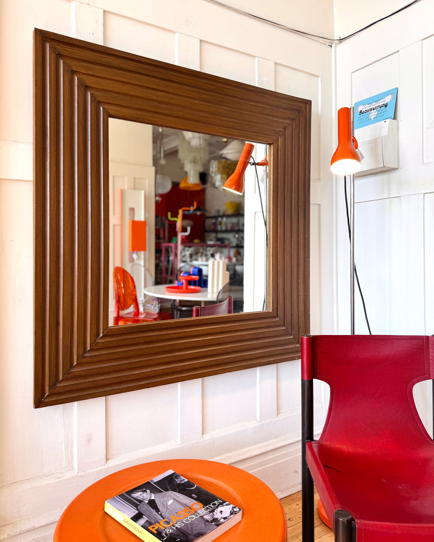 VINTAGE / Mid Century XL Ridged Wood Mirror