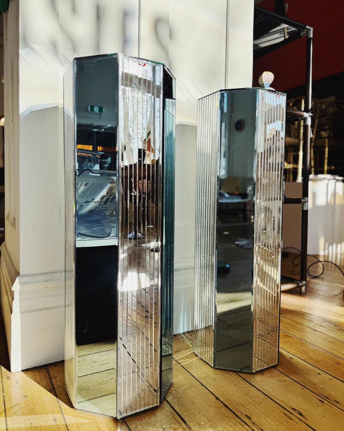 ART DECO / Blue & Chrome Mirrored Plinths