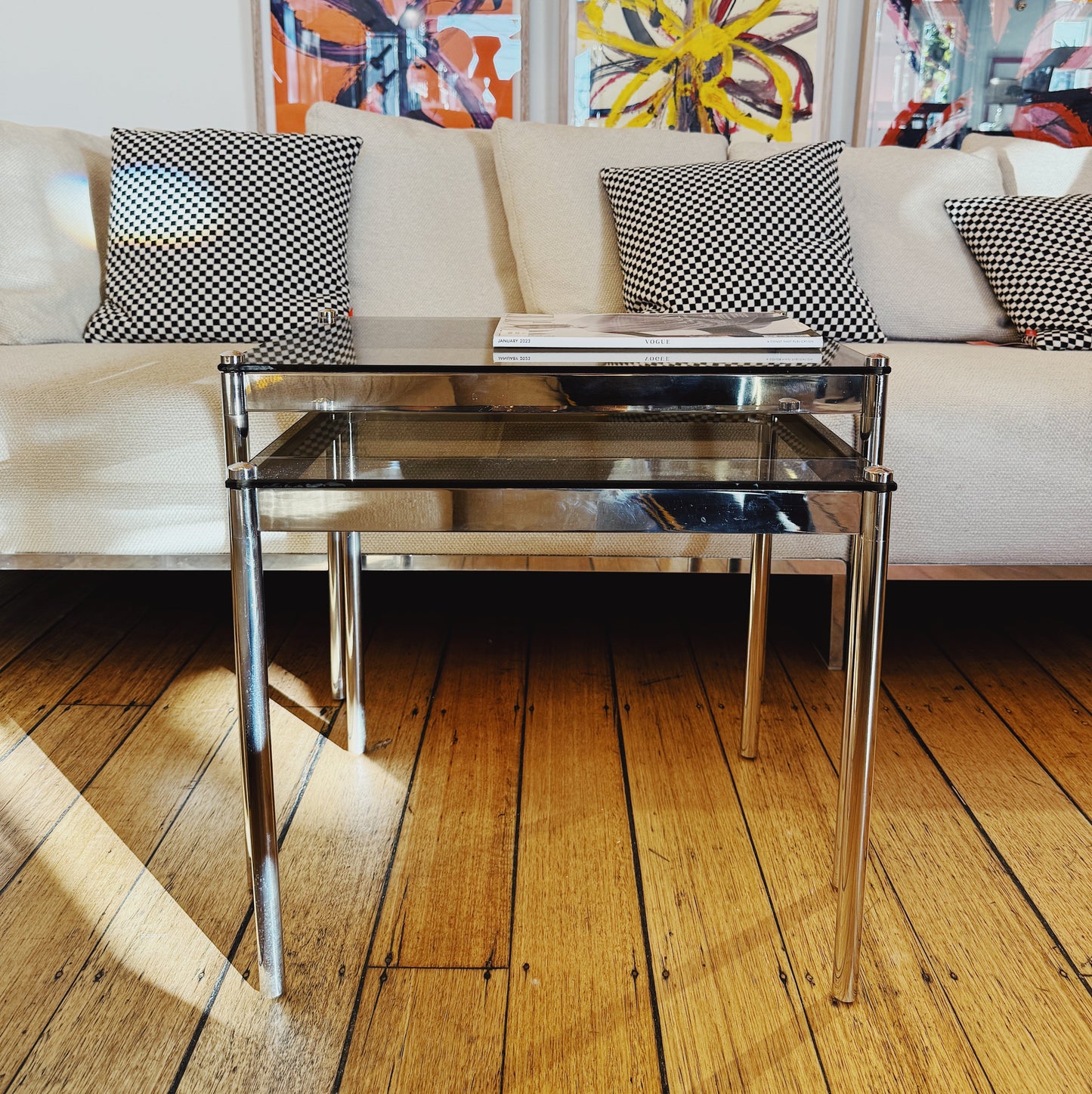 1970s HEAVY CHROME / Nesting Tables w/Bronze Fumé Glass