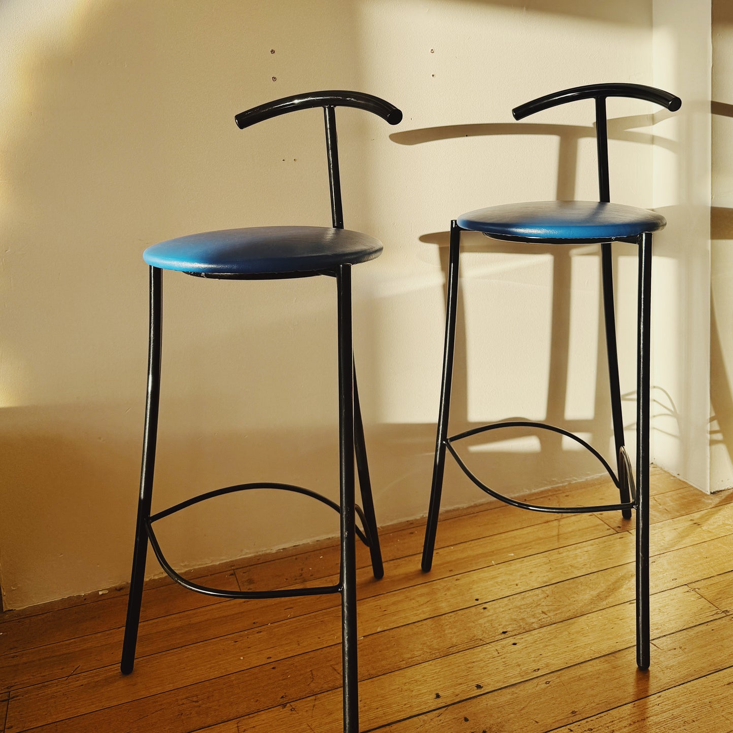 POST MODERN / Pair of Tubular Black Stools with Blue Vinyl Seats