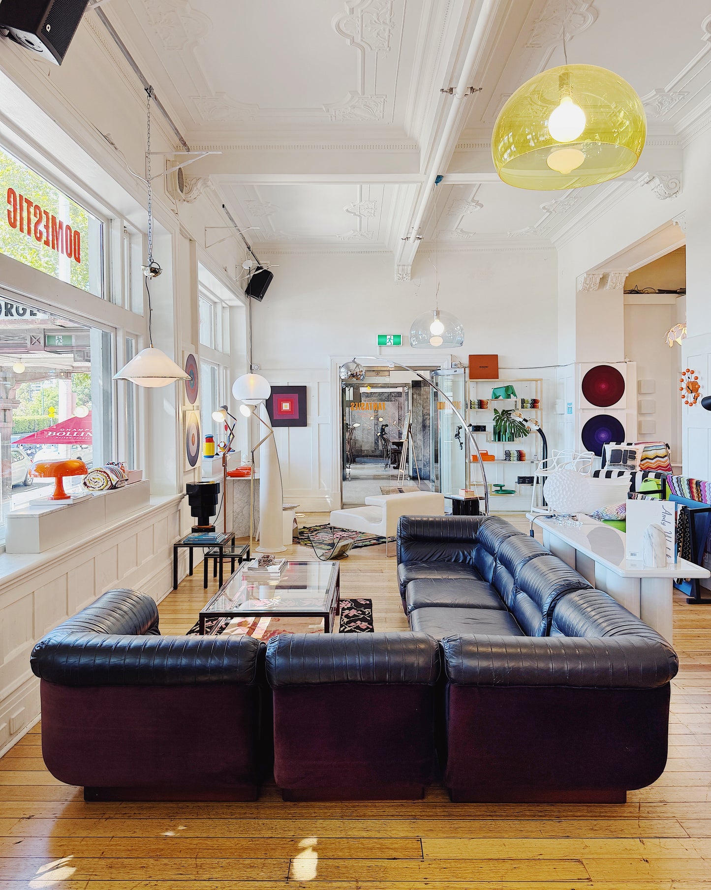 VANDEROZA / 1970’s Modular Sofa in Black Leather + Aubergine Velvet
