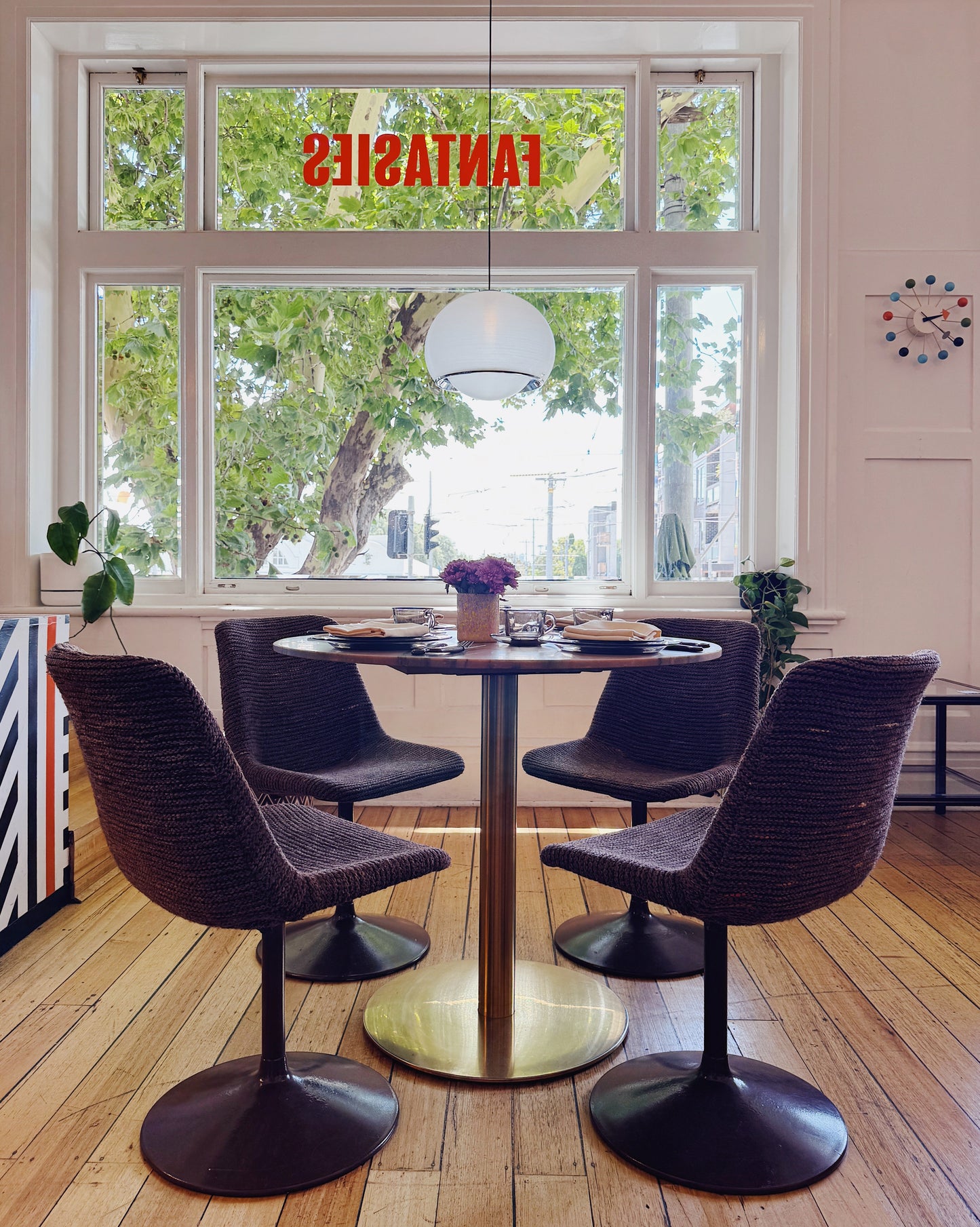 CONTEMPORARY / CAFE TABLE W/PINK MARBLE TOP + BRASS BASE