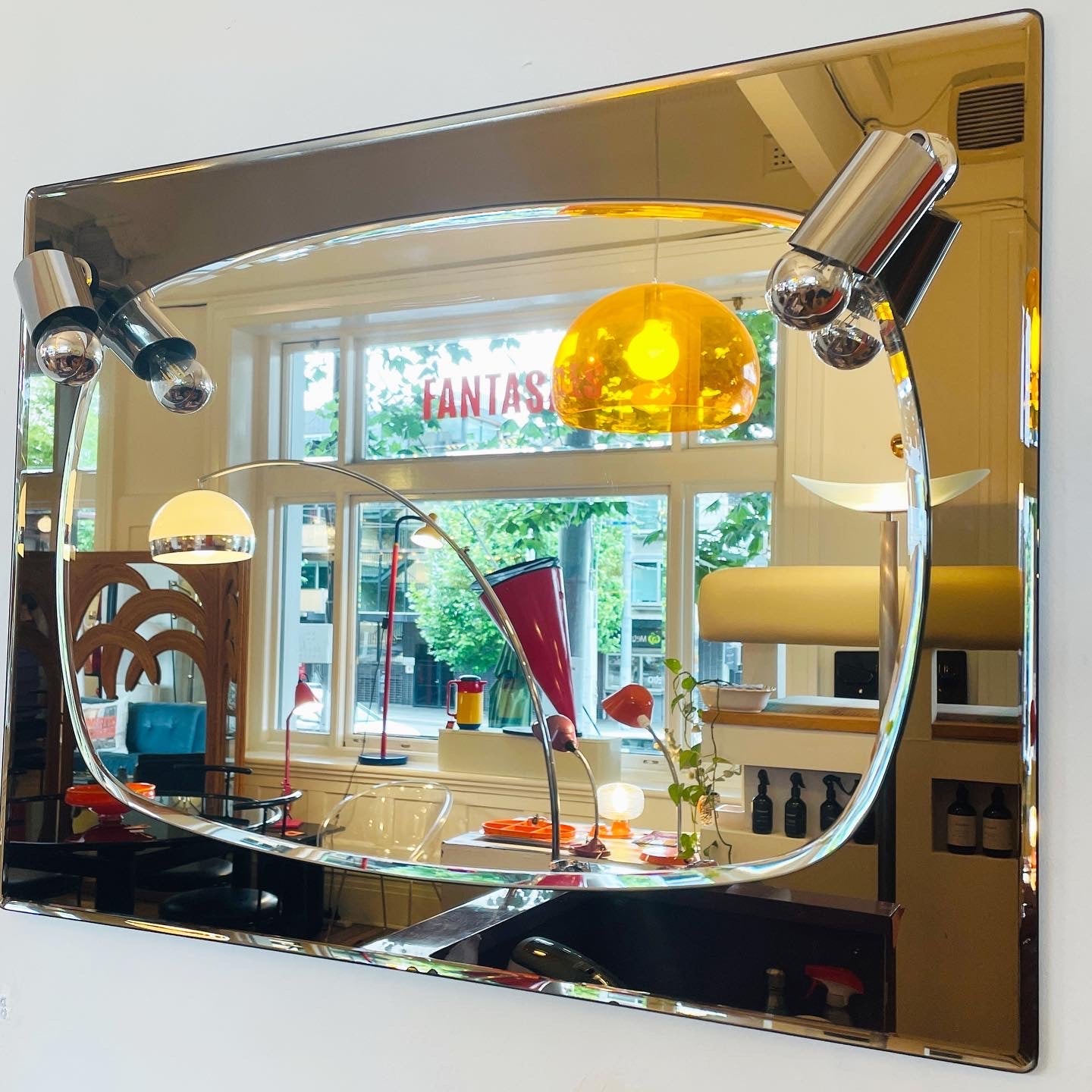 FONTANA ARTE / 1970s Bronze + Chrome Mirror w/ Chrome Cap Lights