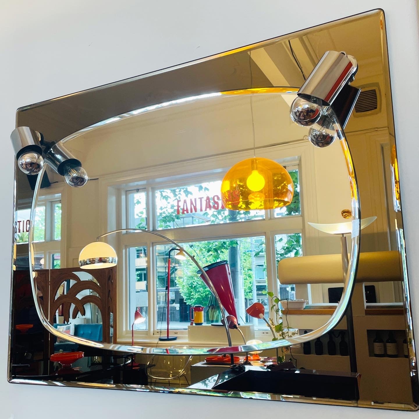 FONTANA ARTE / 1970s Bronze + Chrome Mirror w/ Chrome Cap Lights