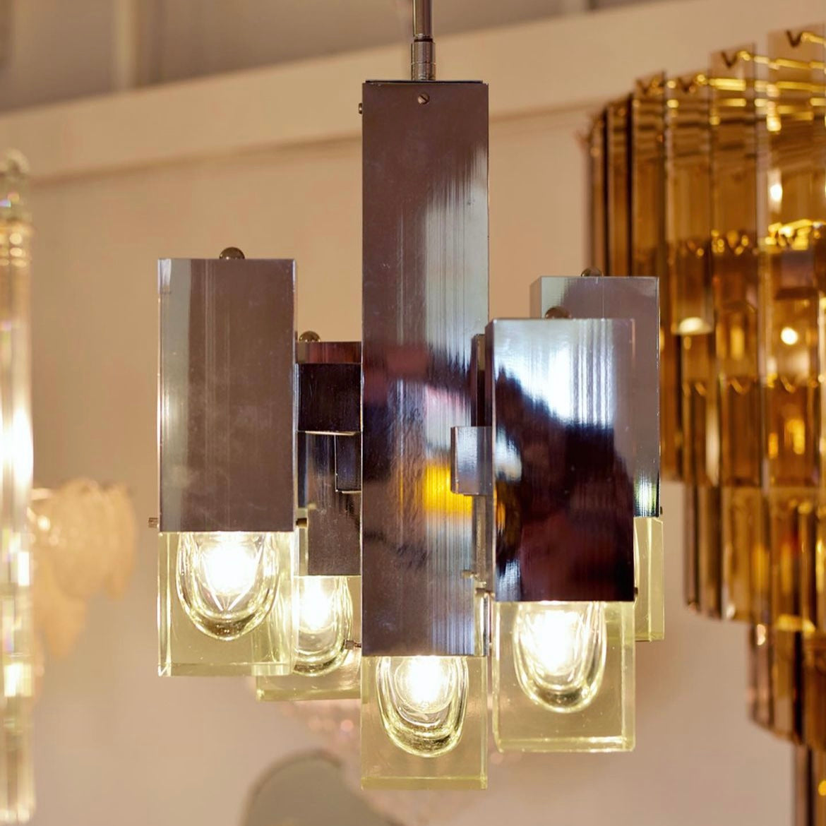 GAETANO SCIOLARI / 1970's Italian Cubic 5 Column Chrome Pendants