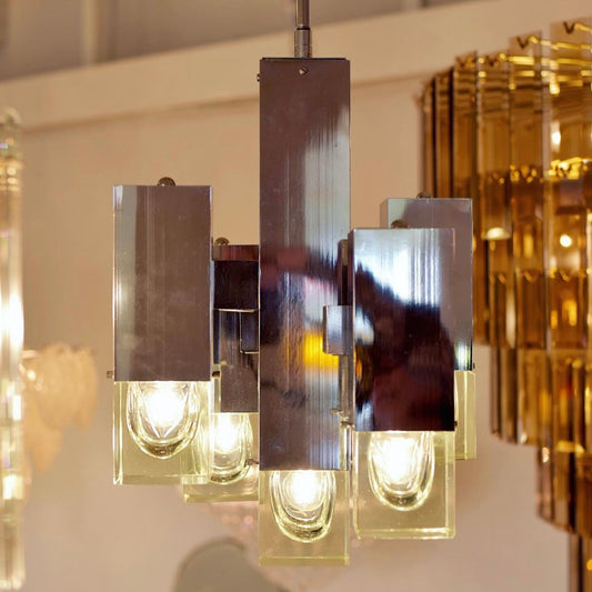 GAETANO SCIOLARI / 1970's Italian Cubic 5 Column Chrome Pendants