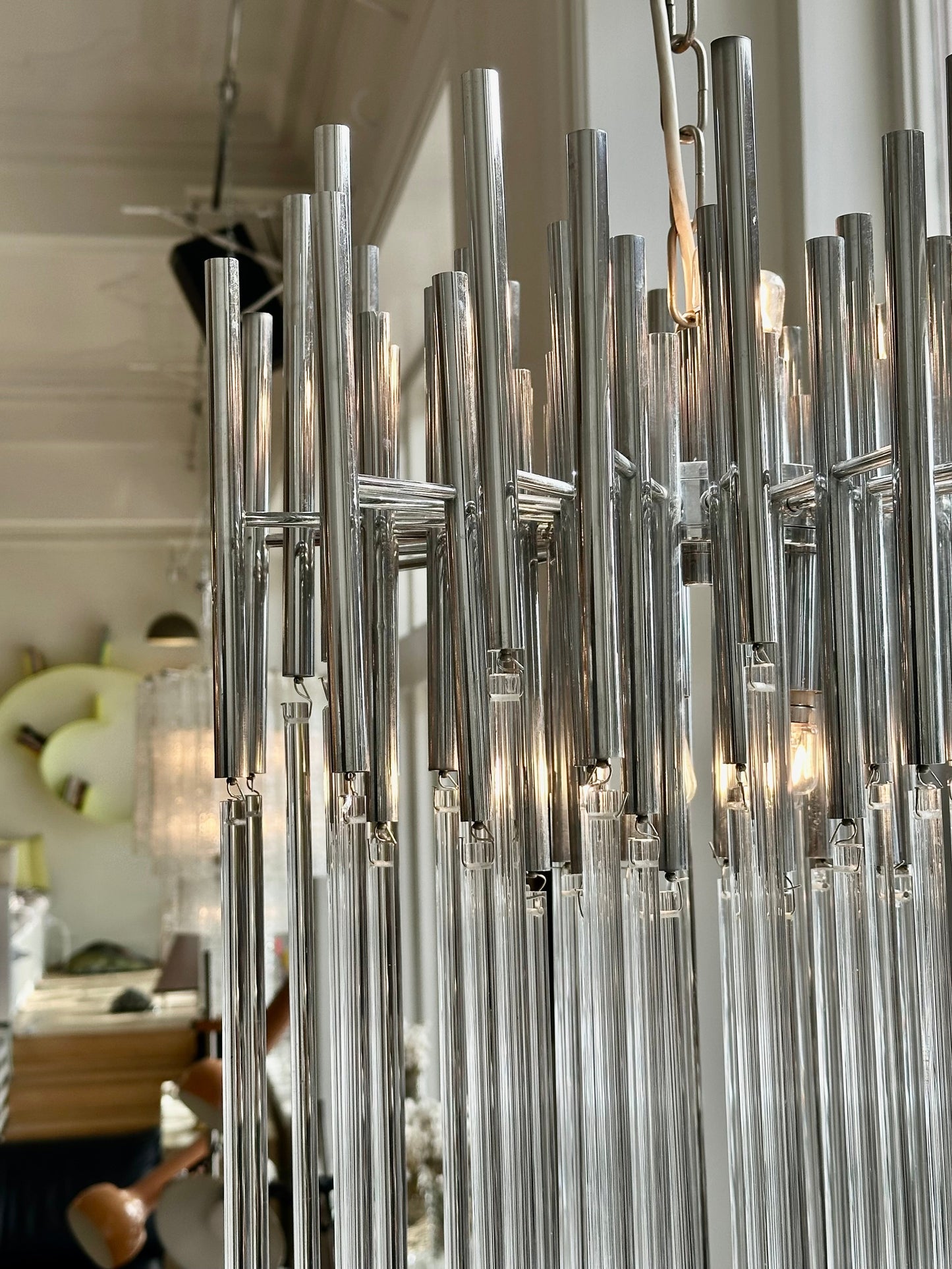 GAETANO SCIOLARI / Chrome + Glass Cascade Chandelier
