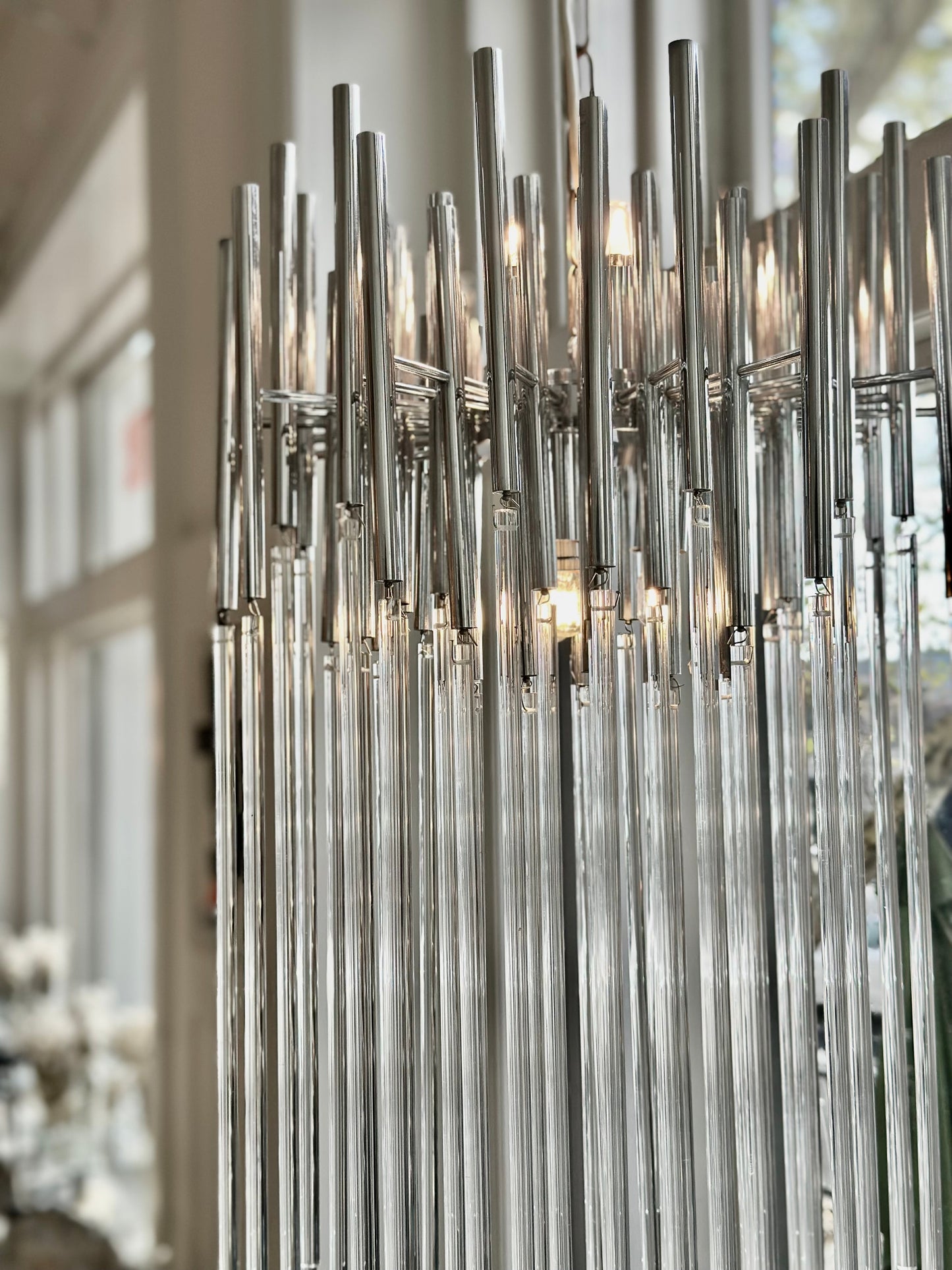 GAETANO SCIOLARI / Chrome + Glass Cascade Chandelier