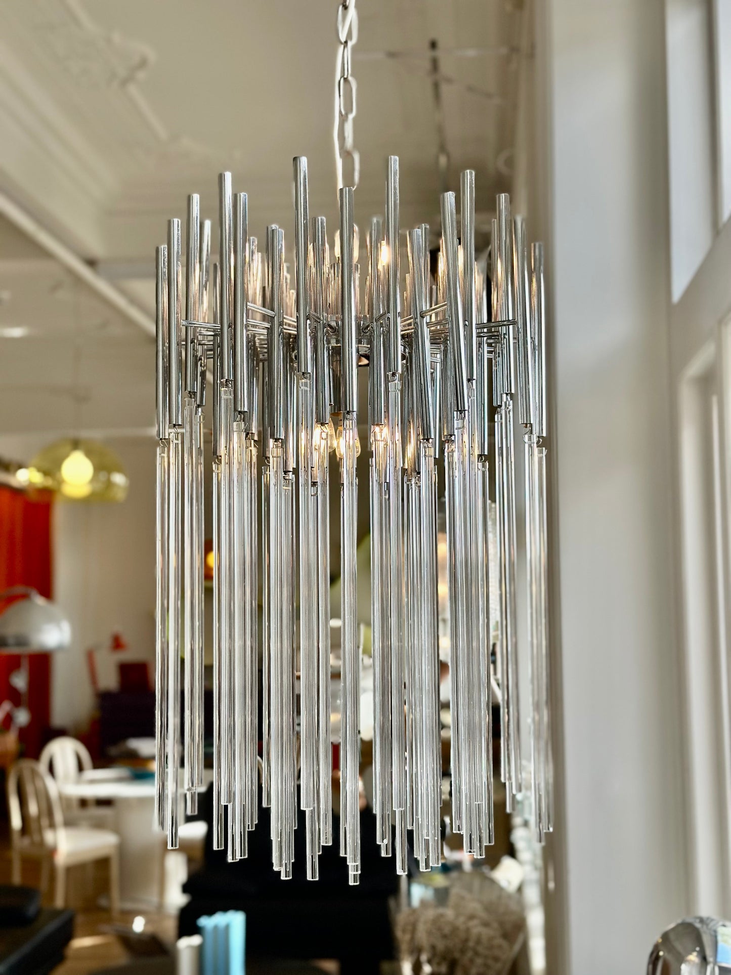 GAETANO SCIOLARI / Chrome + Glass Cascade Chandelier