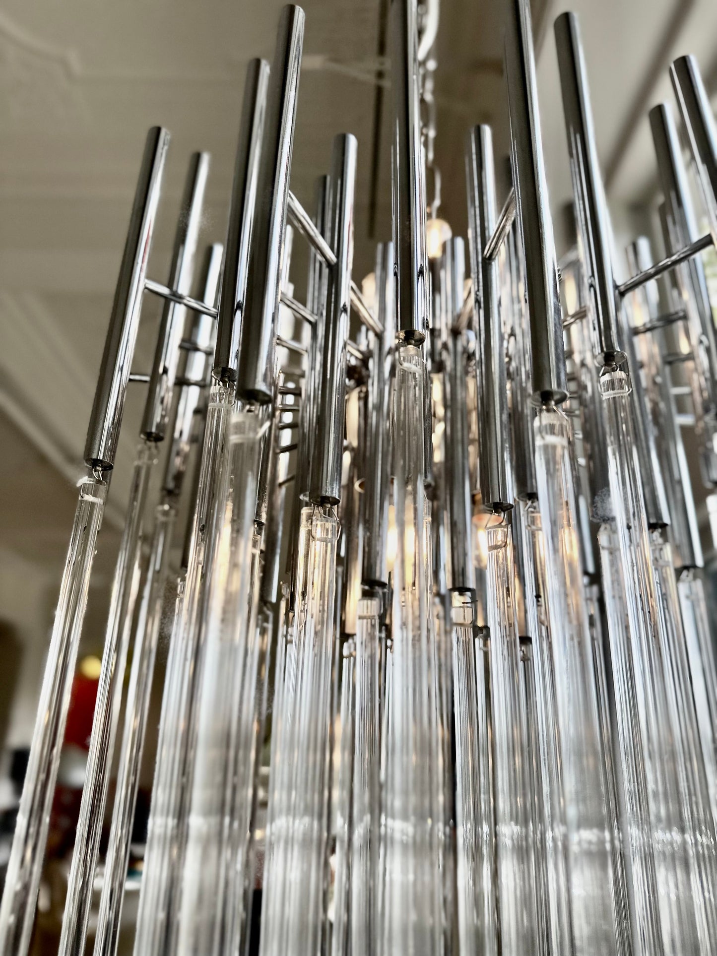 GAETANO SCIOLARI / Chrome + Glass Cascade Chandelier