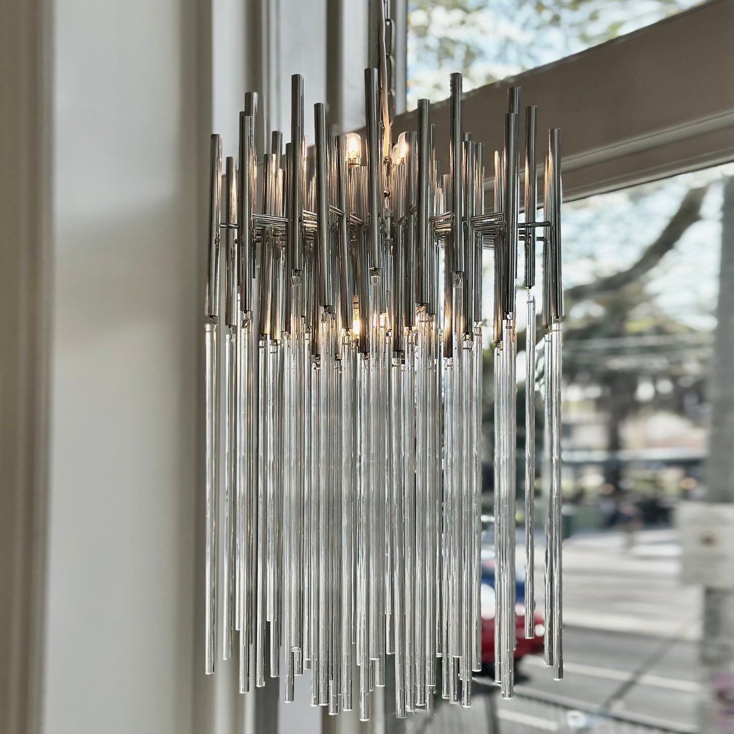 GAETANO SCIOLARI / Chrome + Glass Cascade Chandelier
