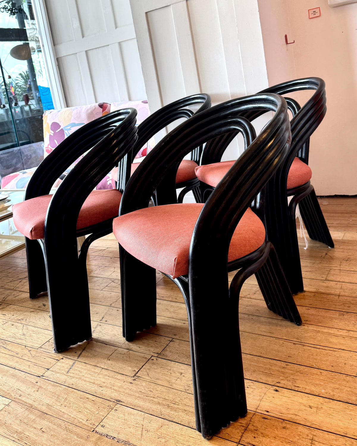 VINTAGE 1980s / Bentwood Rattan Black Lacquered Chairs - Set of 4