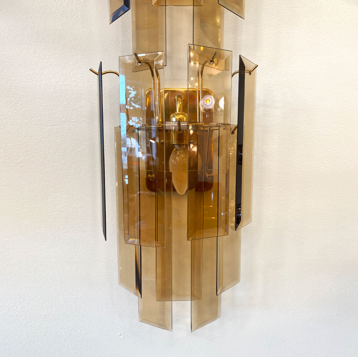 VINTAGE / 1970s Smokey Bronze Glass Prism Wall Lights/Sconces