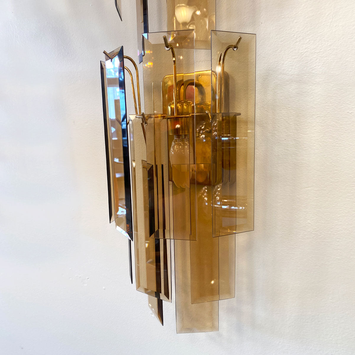 VINTAGE / 1970s Smokey Bronze Glass Prism Wall Lights/Sconces