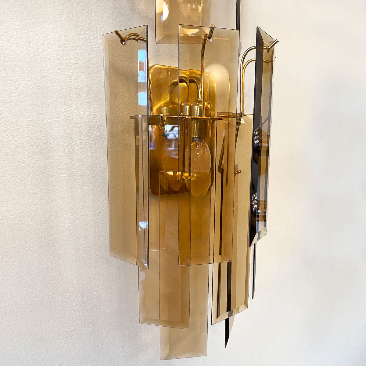 VINTAGE / 1970s Smokey Bronze Glass Prism Wall Lights/Sconces