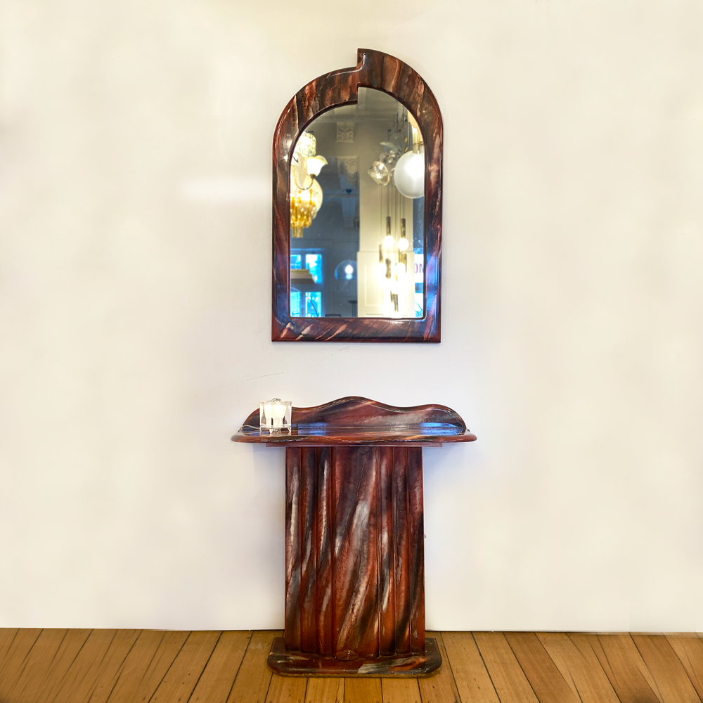 FANTASY #335 / Cardinal Ruby Hand Italian Marble Look Mirror + Console