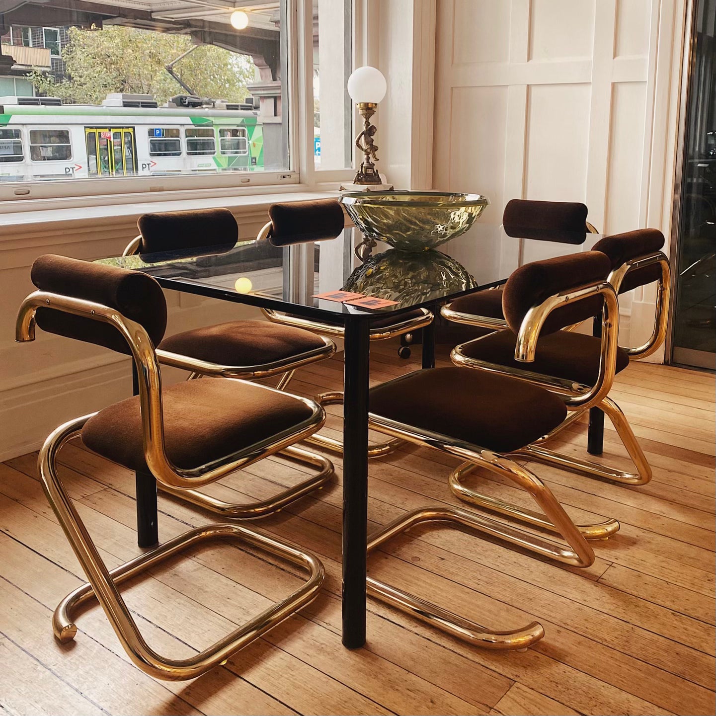 VINTAGE / Tubular Black & Smoke Glass Rectangular Dining Table