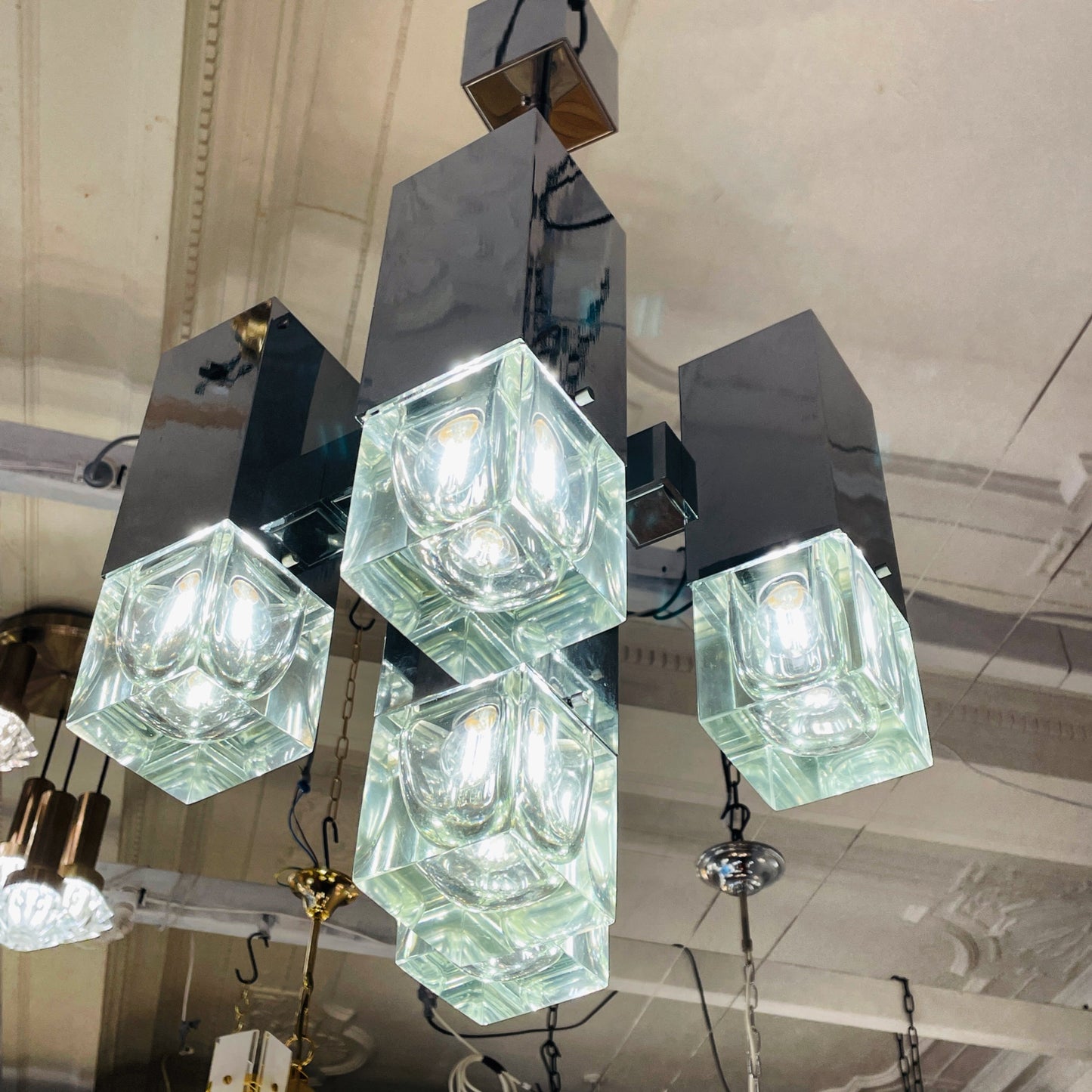 GAETANO SCIOLARI / 1970's Italian Cubic 5 Column Chrome Pendants