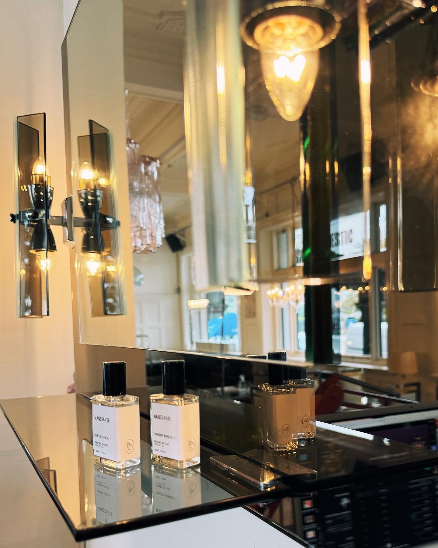 FONTANA ARTE / 1970s Gun Metal + Chrome Mirror w/ Smoke Glass Sconces