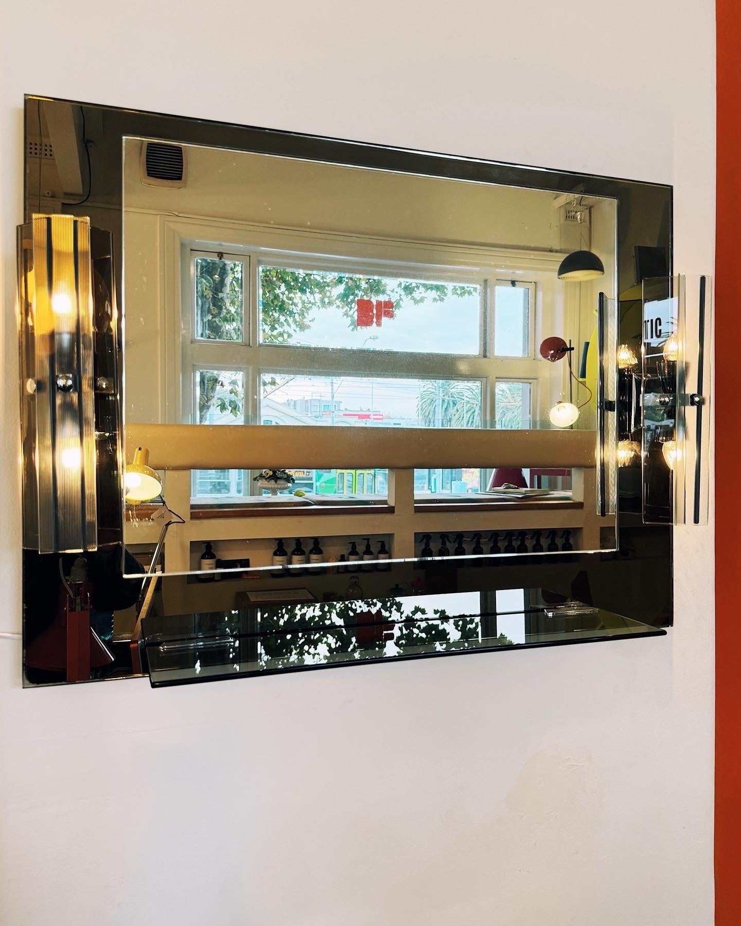 FONTANA ARTE / 1970s Gun Metal + Chrome Mirror w/ Smoke Glass Sconces