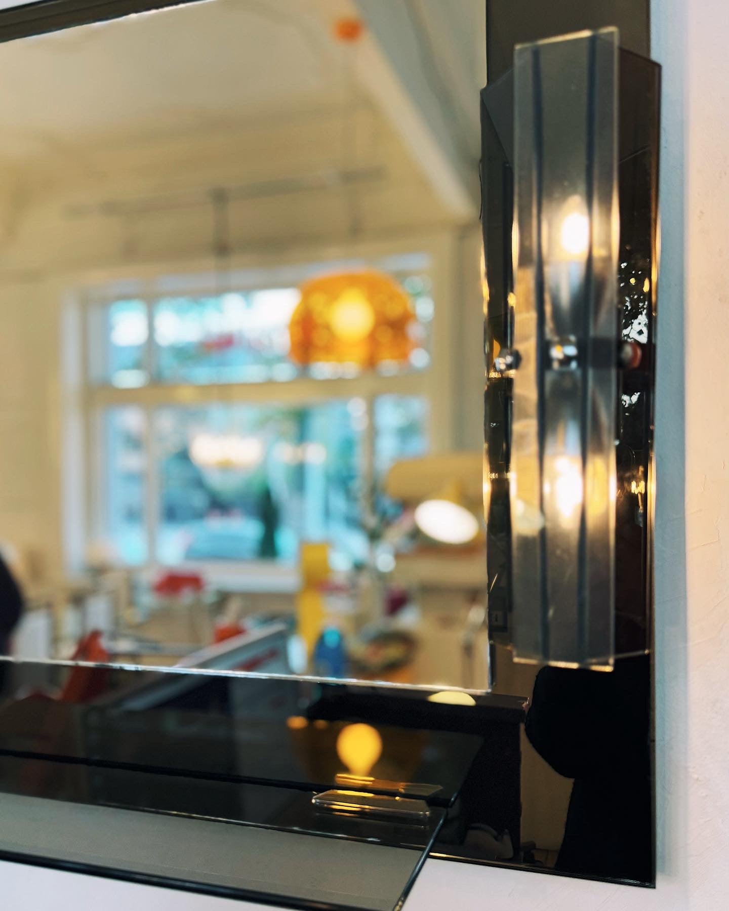 FONTANA ARTE / 1970s Gun Metal + Chrome Mirror w/ Smoke Glass Sconces