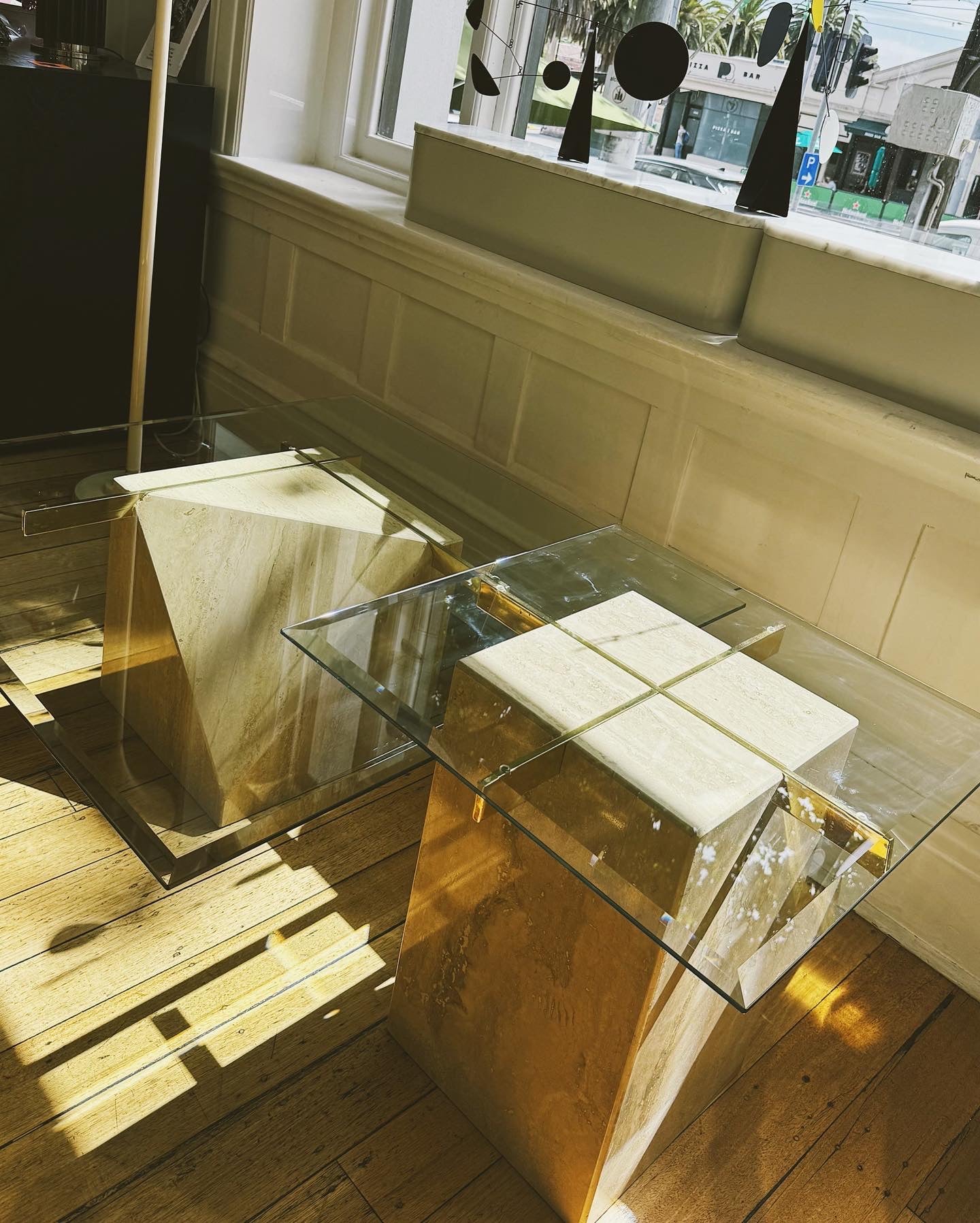 VINTAGE / Artedi Style Post Modern Travertine + Brass Coffee and Side Tables
