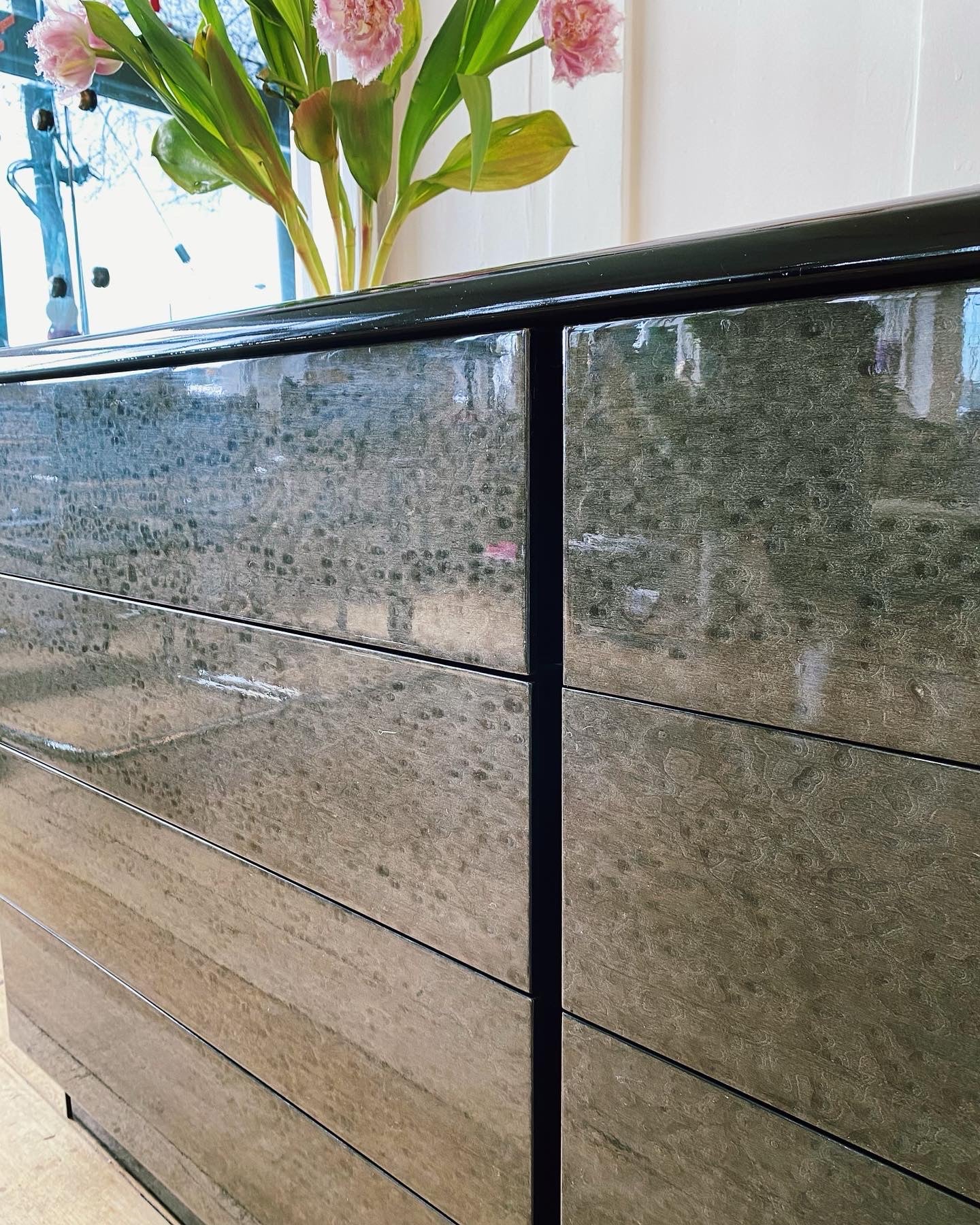 VINTAGE / Italian High Gloss Black Lacquered Sideboard + Drawers