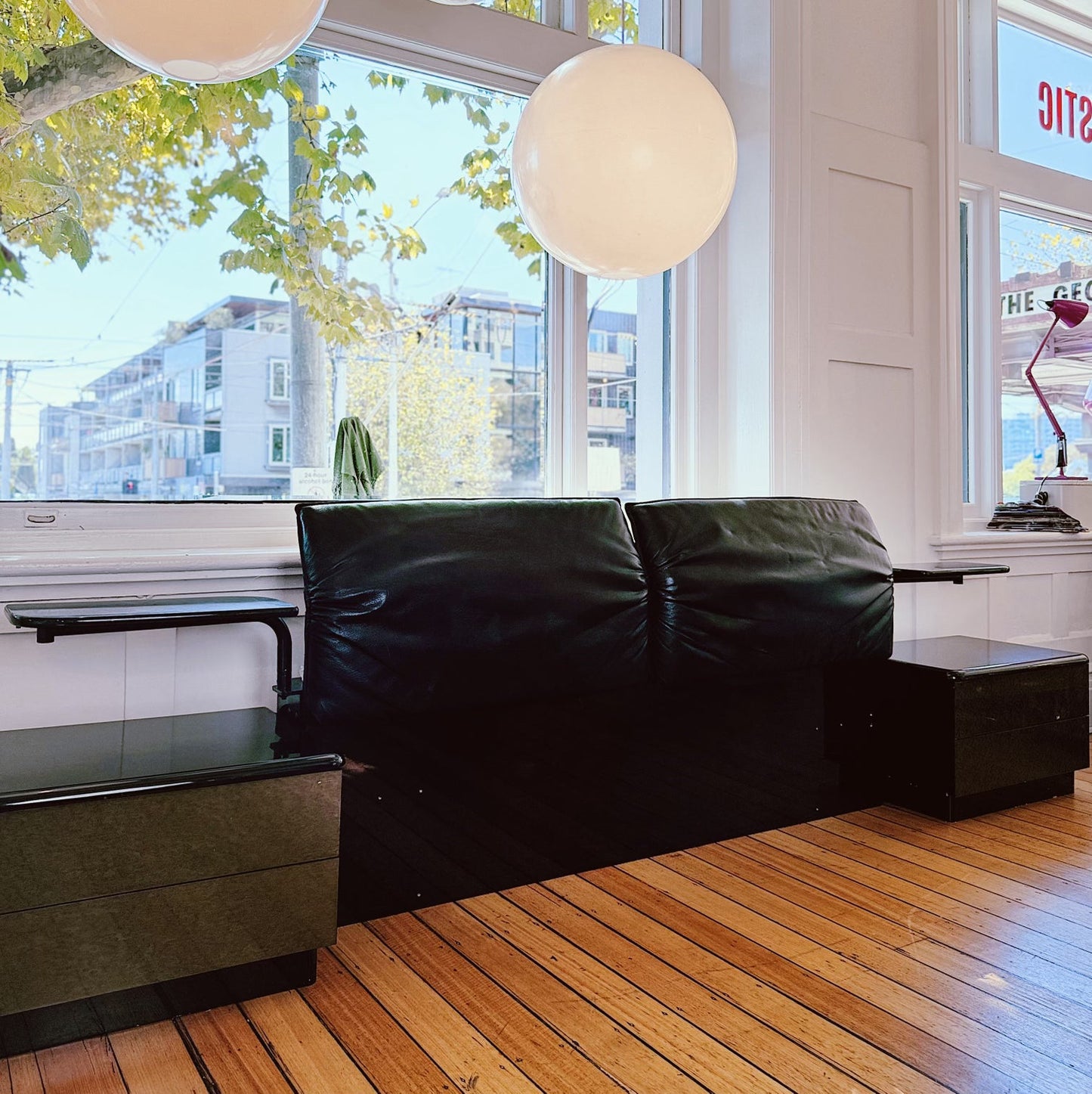 POST MODERN / Alanda Style Leather Bedhead w/Attached Nightstands + Bedside Tables
