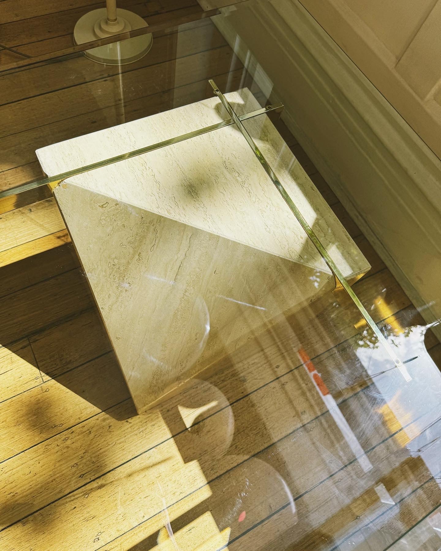 VINTAGE / Artedi Style Post Modern Travertine + Brass Coffee and Side Tables