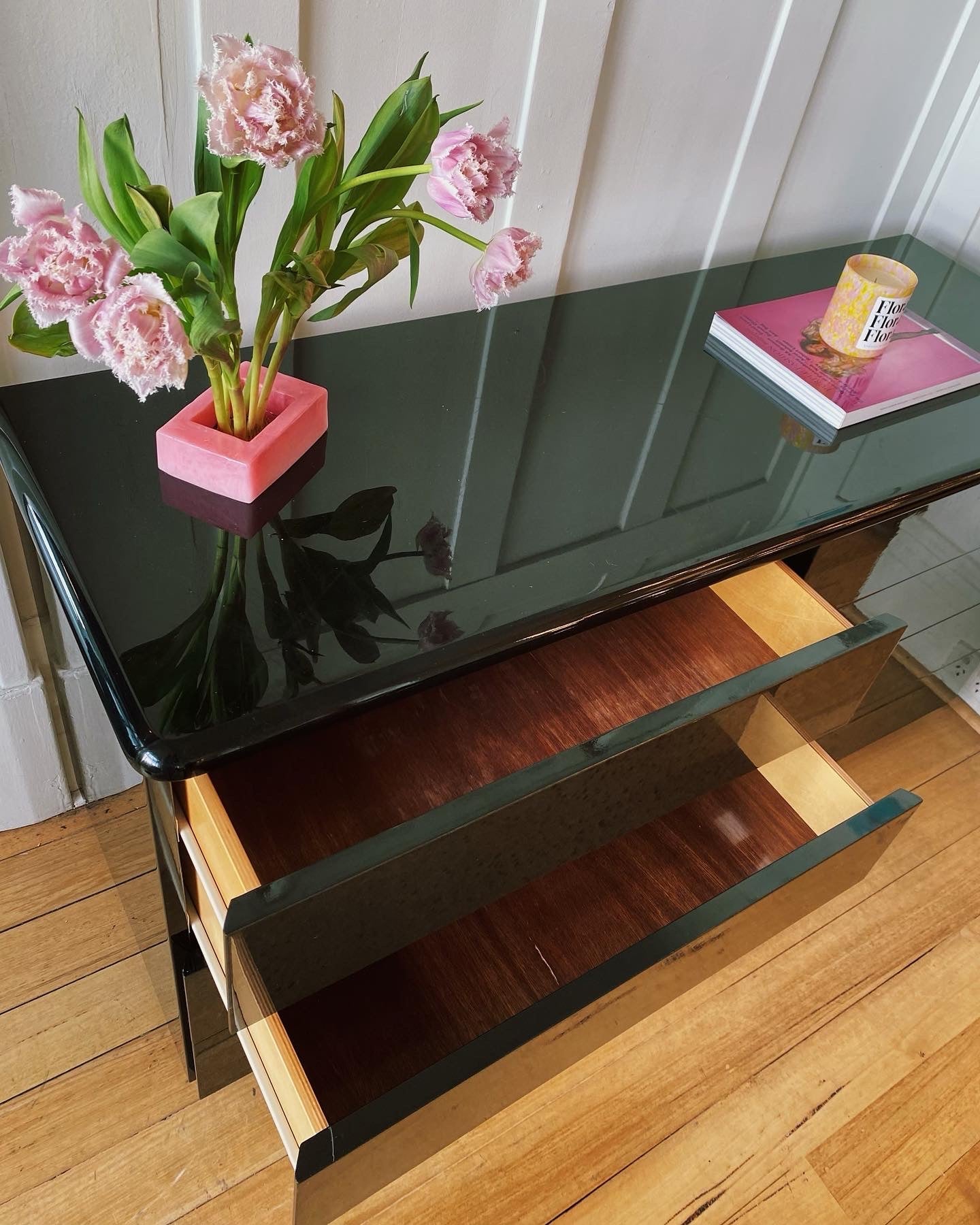 VINTAGE / Italian High Gloss Black Lacquered Sideboard + Drawers