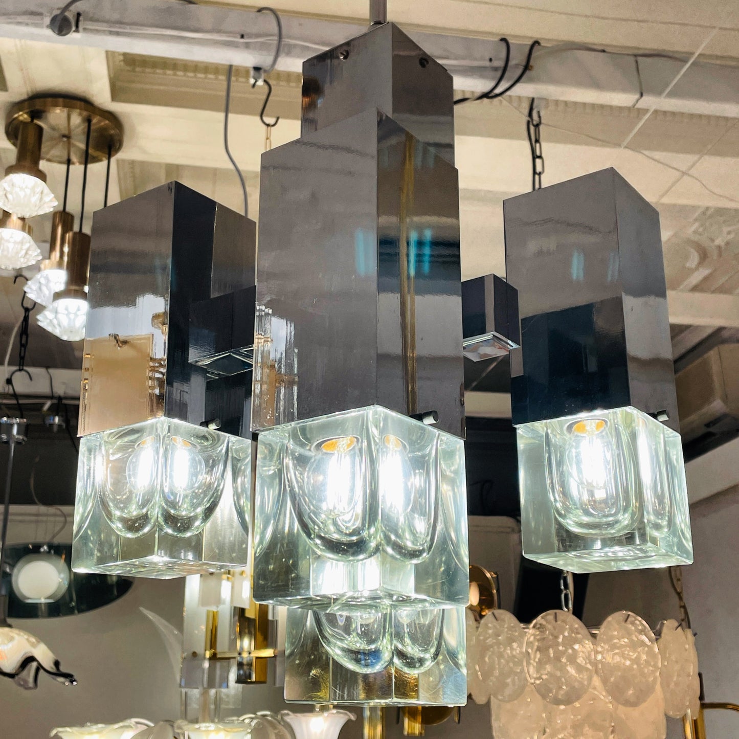 GAETANO SCIOLARI / 1970's Italian Cubic 5 Column Chrome Pendants