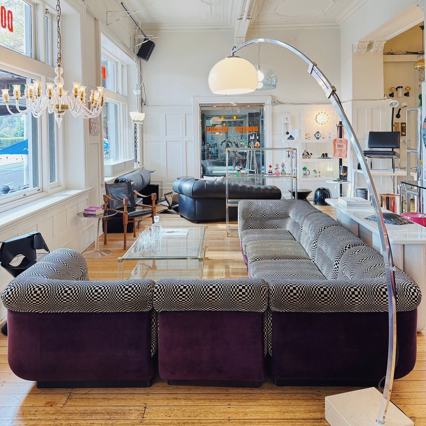 VINTAGE / 1960s Italian Chrome + Travertine Stone Arc Floor Lamp