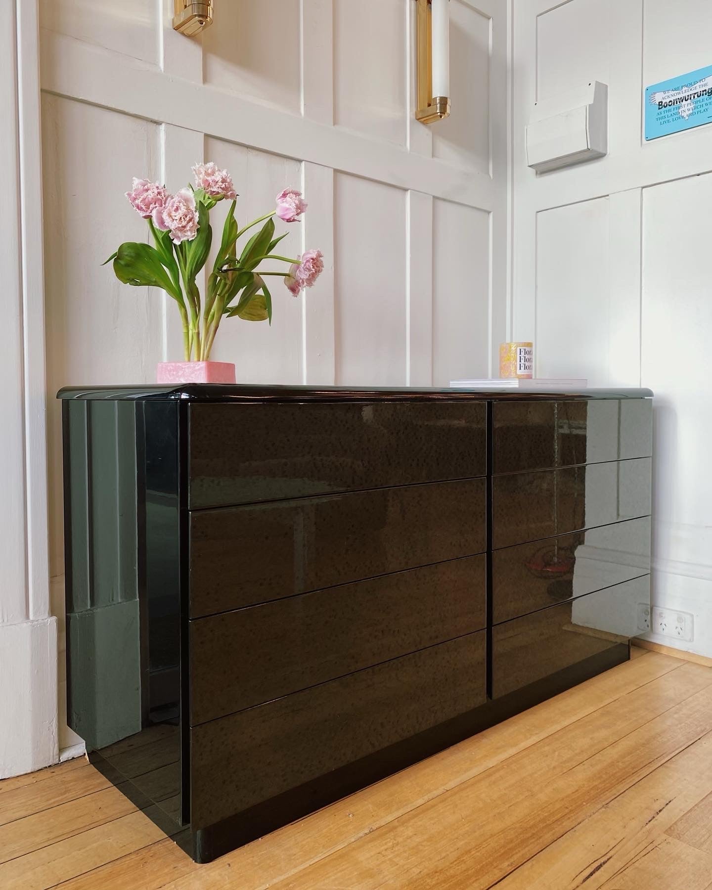 VINTAGE / Italian High Gloss Black Lacquered Sideboard + Drawers