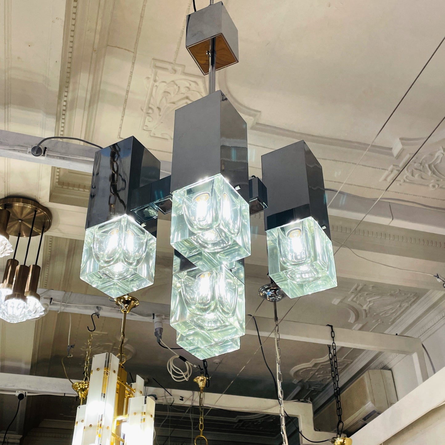 GAETANO SCIOLARI / 1970's Italian Cubic 5 Column Chrome Pendants