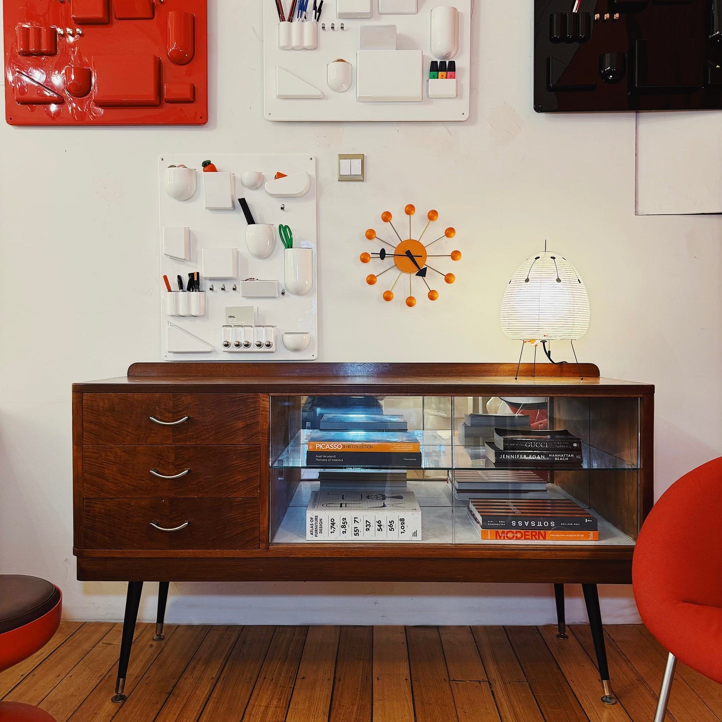 VINTAGE / 1960s Mid Century Wood + Glass Sideboard + Drawers