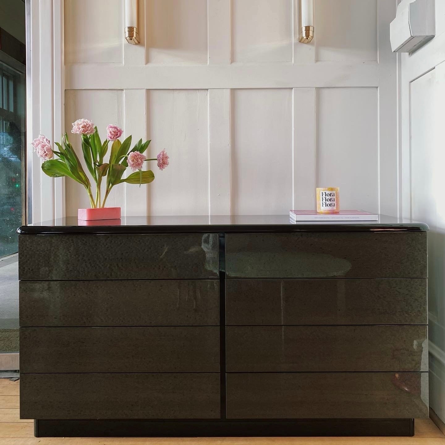 VINTAGE / Italian High Gloss Black Lacquered Sideboard + Drawers