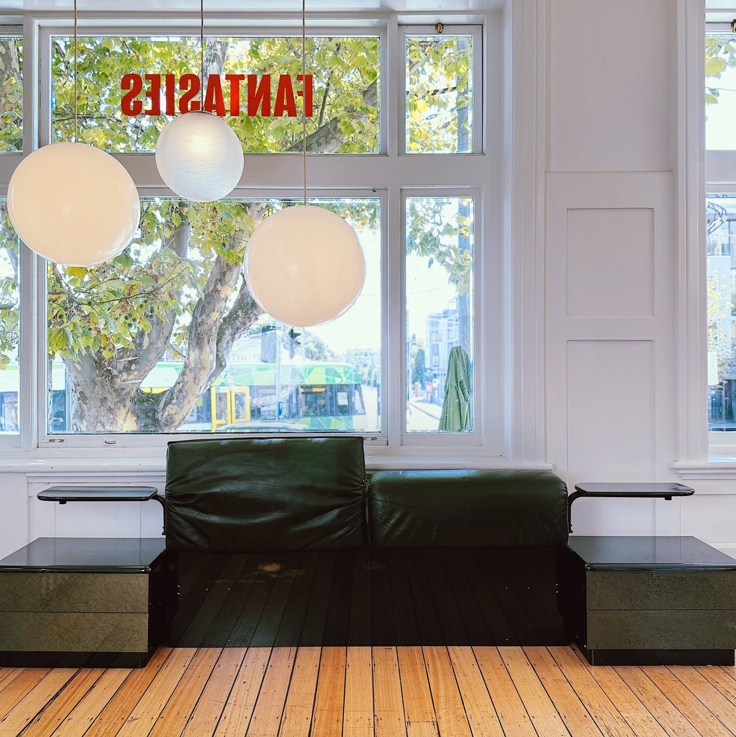 POST MODERN / Alanda Style Leather Bedhead w/Attached Nightstands + Bedside Tables