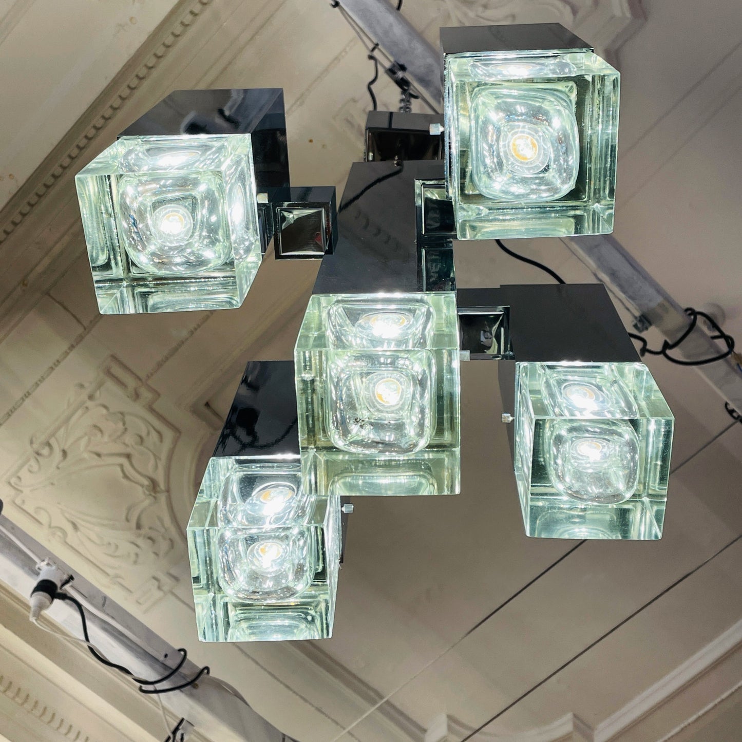 GAETANO SCIOLARI / 1970's Italian Cubic 5 Column Chrome Pendants